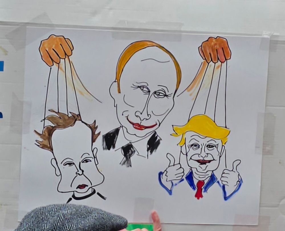 Sign showing Putin as a puppetmastet for Trump and Musk.