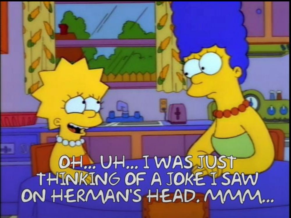 A screenshot of the Simpsons episode 9F12 where Lisa Simpson references Herman’s Head. Yeardley Smith, the voice of Lisa, had a recurring roll in Herman’s Head. 