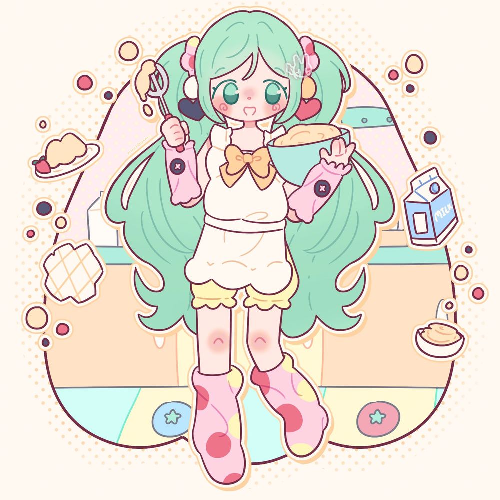 An illustration of the character Hatsune Miku where she has the character design from vocaloid producer's TAK's song "Bavaroa". She is holding a whisk and a mixing bowl.