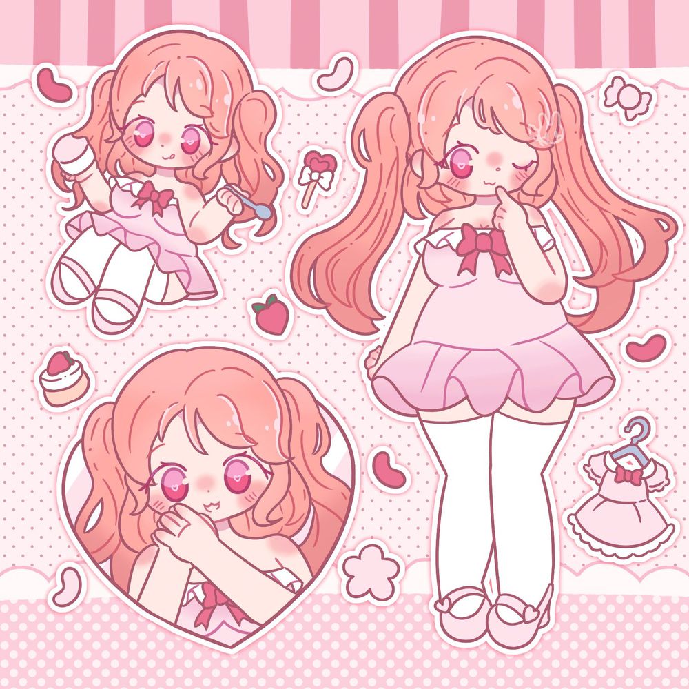 An illustration of pinkpeachfairy's character Rosie. She is surrounded by various sweets and snacks and a dress on a hanger. There is a chibi version of her eating pink ice cream out of a tub and a bust up shot of her.