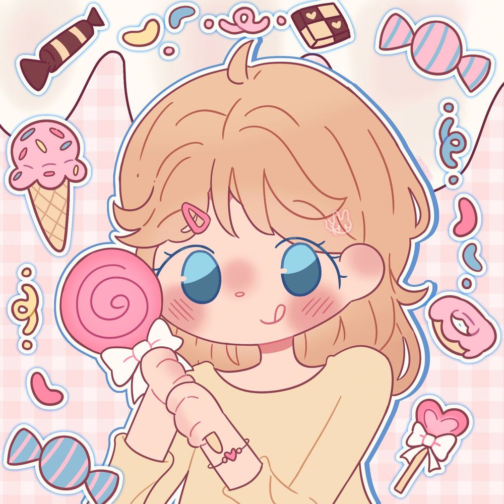 An illustration of PumpkinDraws' character Rachel. She is holding a lolipop and is surrounded by various sweets and snacks.