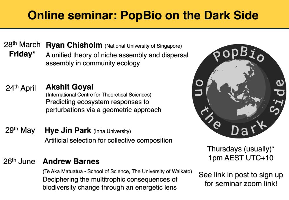 A list of seminar dates, speakers and titles for an online seminar 'PopBio on the Dark Side'. 
