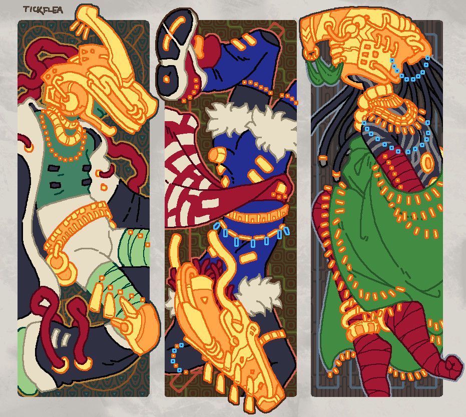 3 images of rain world ancients in a style and color palette similar to the in-game karma murals