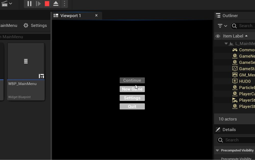 a gif of a boring looking game menu with four gray buttons over a black background:
- Continue (grayed out)
- New Game
- Settings
- Quit