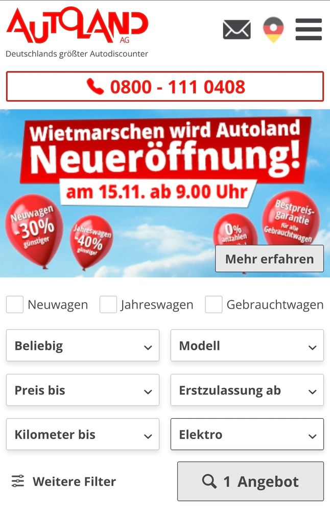 Screenshot der Such Seite bei Autoland mit nur einem Filter: 
Antriebsart: Elektro
Es wird nur 1 Angebot gezeigt 