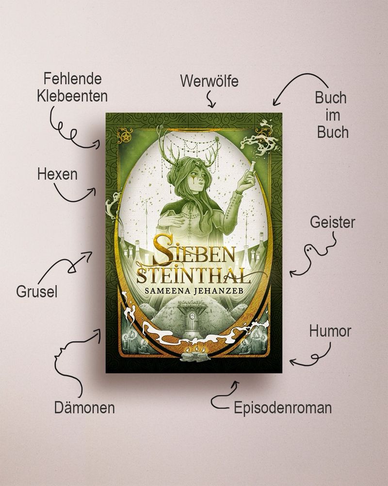 Das Cover zum Episodenroman »Siebensteinthal«. Das Buch ist in Grüntönen gehalten und zeigt eine junge Hexe mit einer Krone aus Geweihknochen, in der Hand hält sie eine Phiole mit einer Flüssigkeit darin. Das Cover ist umgeben von Stichworten zum Buch. Darunter: Werwölfe, Buch im Buch, Geister, Hexen, Grusel