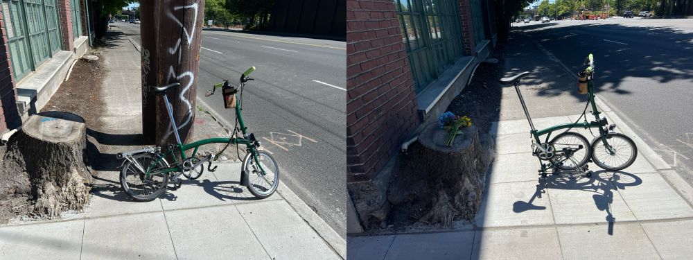 A before/after photo of a section of sidewalk with a wide street off to the right with no planting strip between sidewalk and curb to the roadway. In the before photo (left) a brompton bike is leaning againt a wide wood power pole which effectively blocks all but about 20 inches on each side making it impassible for many. On the right, the brompton is in the "parking" mode with back wheel folded up and is slightly further back and there is instead no pole and new sidewalk. Sadly a patch of very uneven sidewalk can be made out "behind" the front of the bike seat.