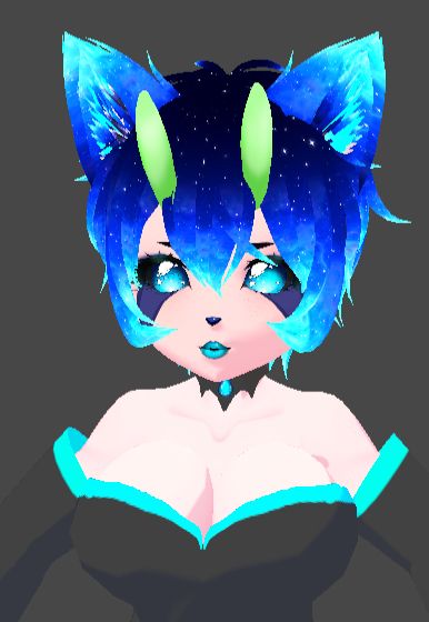 a busty blue alien raccoon woman stares blankly at the screne