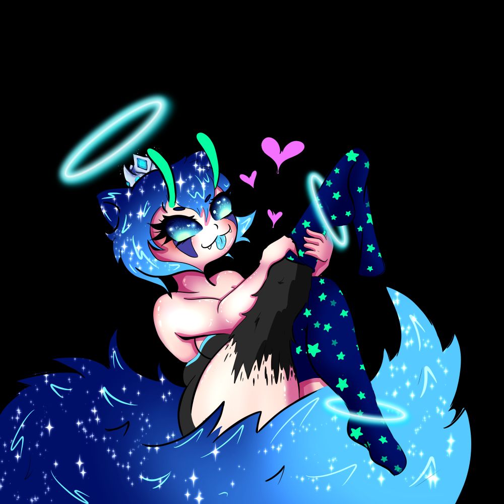 a blue alien raccoon puts her socks on one paw at a time