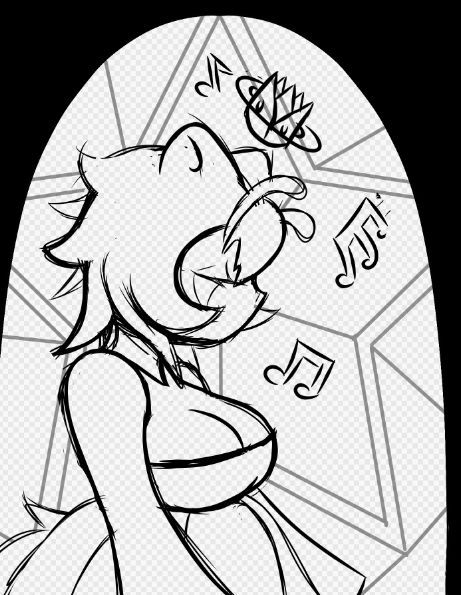 an image on an alien raccoon woman with her eyes closed looking down and humming 