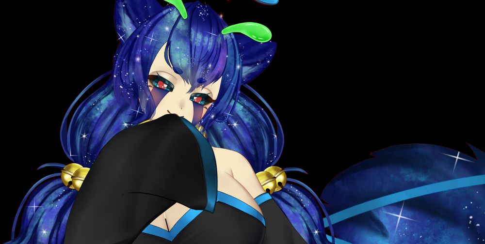 an alien raccoon woman named trashi smugly bites her sleeve while giving the viewer bedroom eyes.