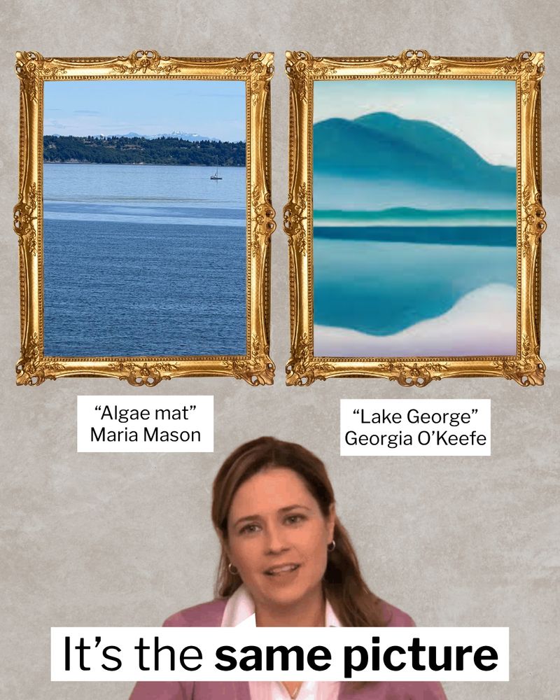 Two images are side-by-side in golden frames. The left is an image of an algae mat taken by Maria Mason. The right is “Lake George” by Georgia O'Keefe. Pam from The Office sits beneath the images saying, "It's the same picture."