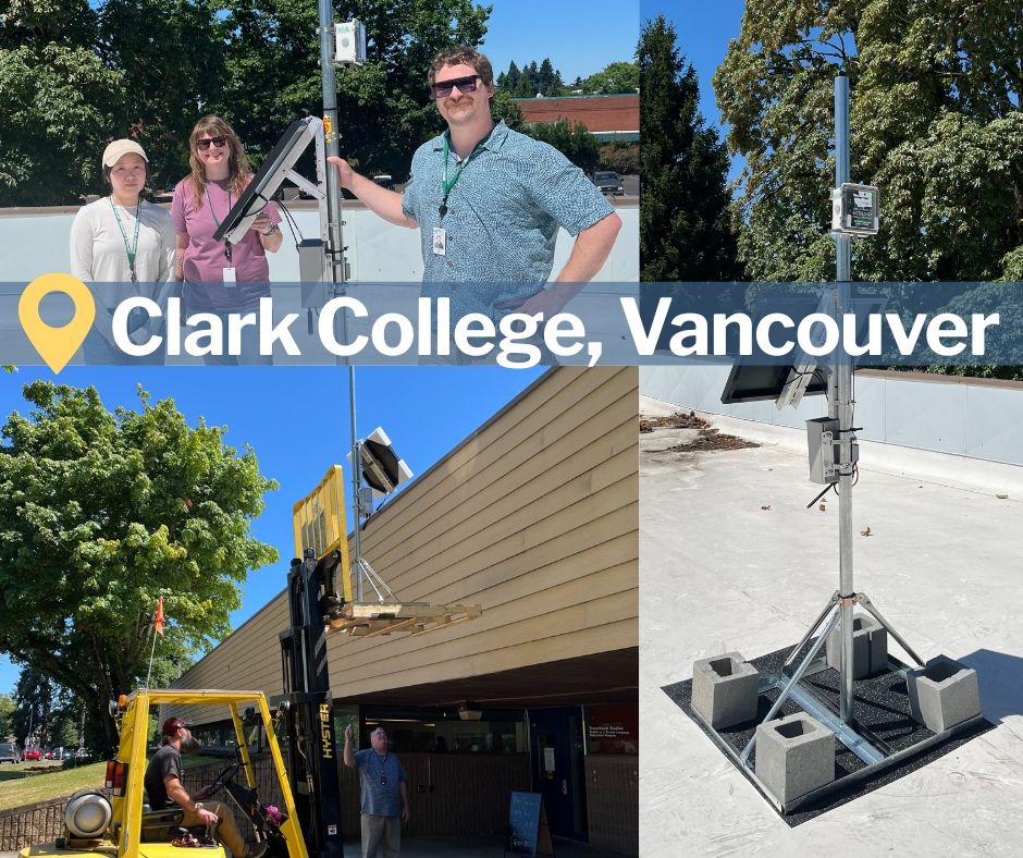 Images of an air sensor being installed on a rooftop, with a label that reads “Clark College.” 