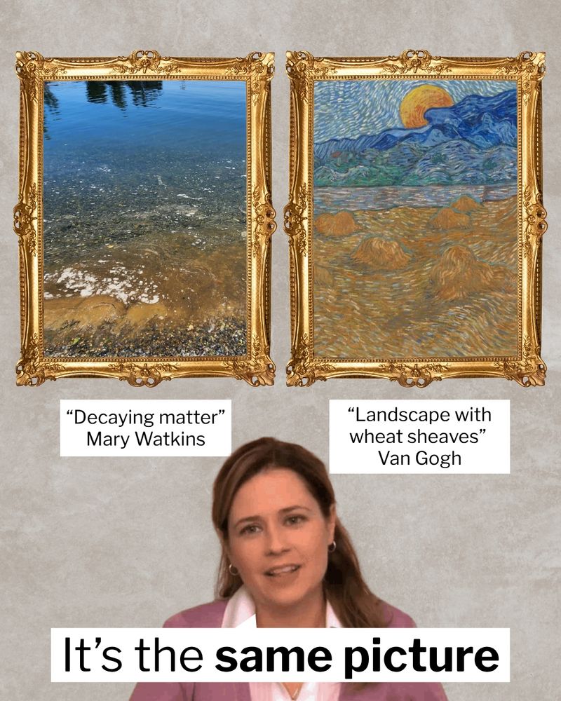 Two images are side-by-side in golden frames. The left is an image of decaying matter by Mary Watkins. The right is "Landscape with wheat sheaves" by Van Gogh. Pam from the Office sits beneath the images saying, “It’s the same picture.”