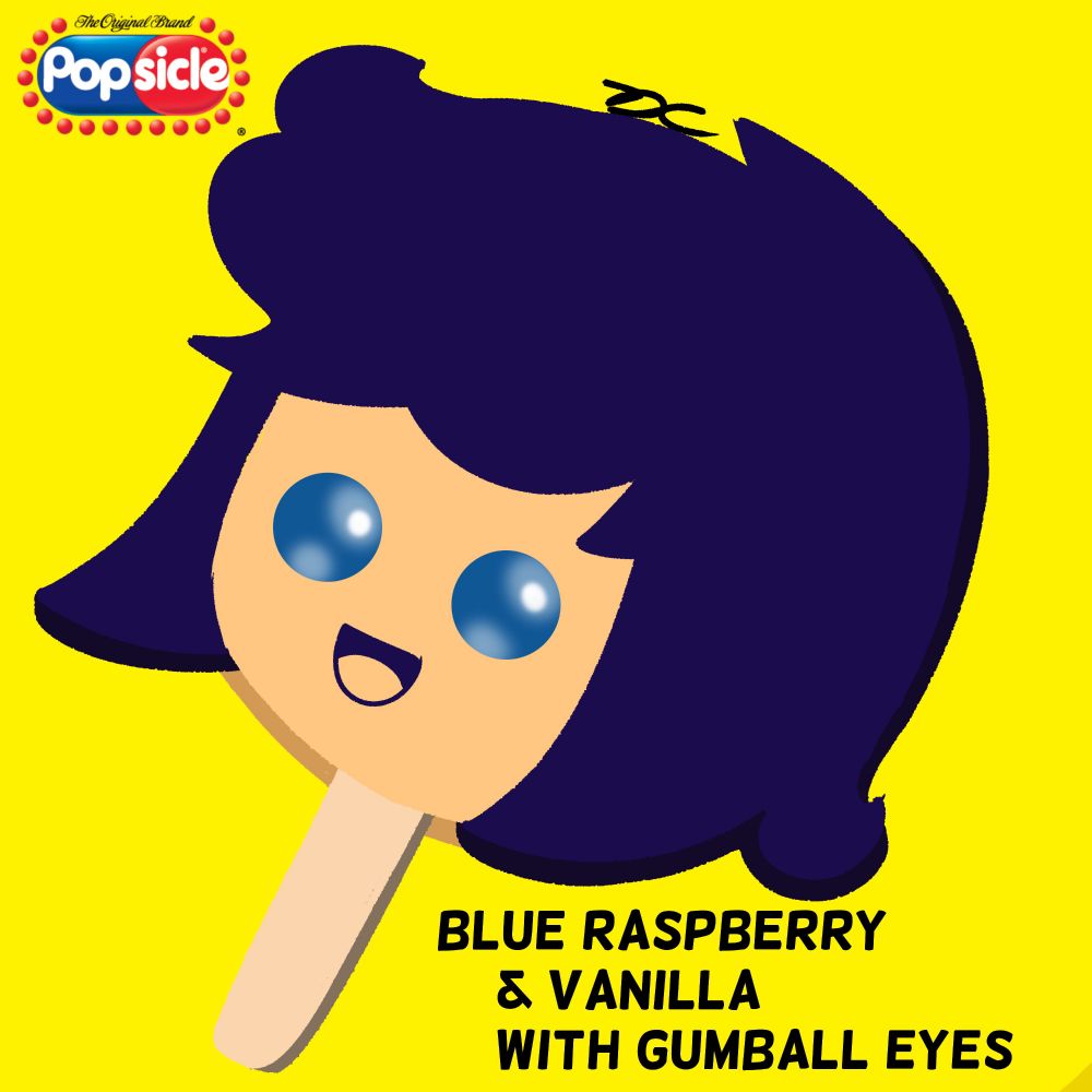 A mockup ice cream truck bumper sticker of a Donna themed gumball eyes popsicle. With Blue Raspberry flavor on the hair and Vanilla flavor on the skin.