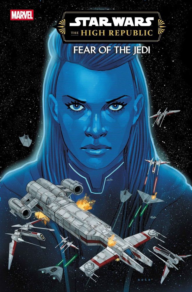 Cover of Star Wars: The High Republic: Fear of the Jedi #5. Keeve Trennis appears in holo in a field of stars. A space battle ensues in the foreground. Enemy fighters are shooting at republic longbeam Gios, which flares with a few explosions as a few Jedi Vectors circle around.