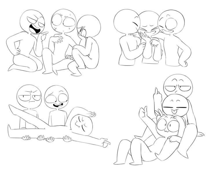 Three figures in various poses: gossiping as they sit on the floor, hugging and smooching one between the other two, one lying across the other two’s arms, and lounging on each others chests making silly hand gestures.