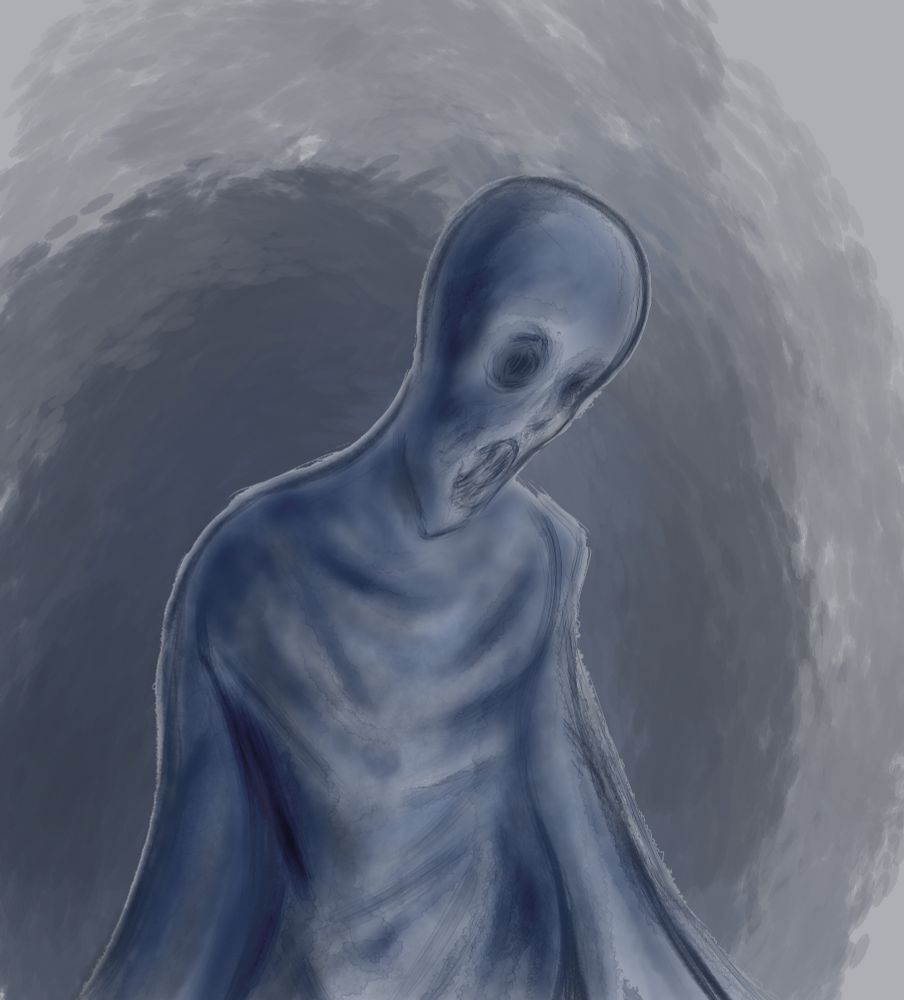 a blue, screaming ghostly figure looking down and to the right of the panel