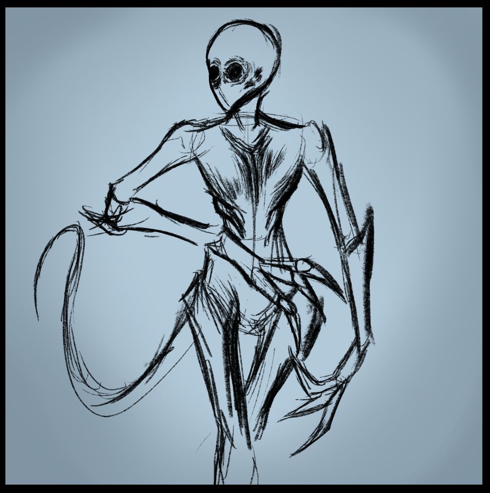 some sort of slim, skeleton, alien creature, with a long slim tail, and no facial features aside from empty black eye sockets