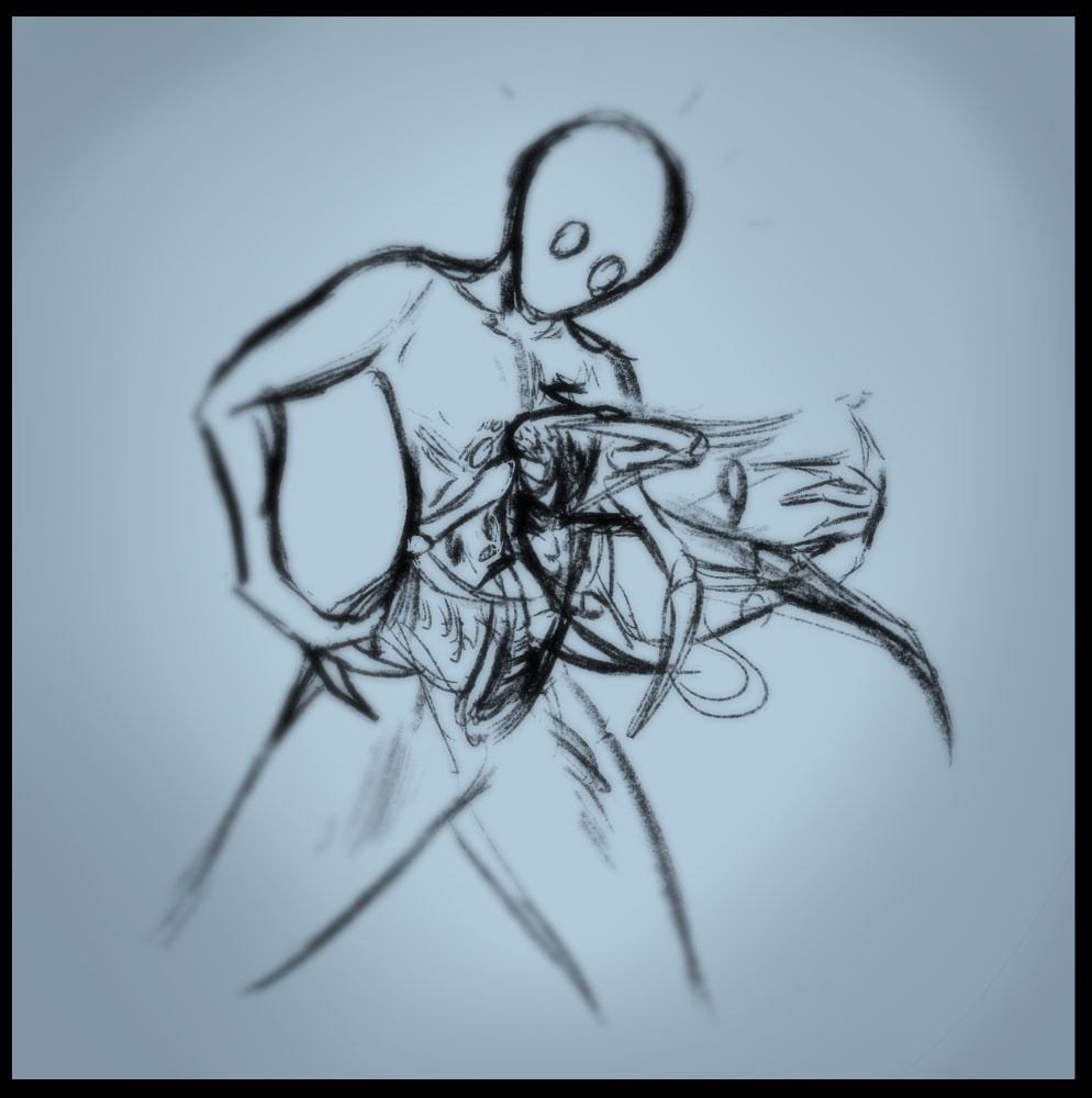 a sketch of a vaguely defined person having their guts ripped open by insect-like legs clawing their way out