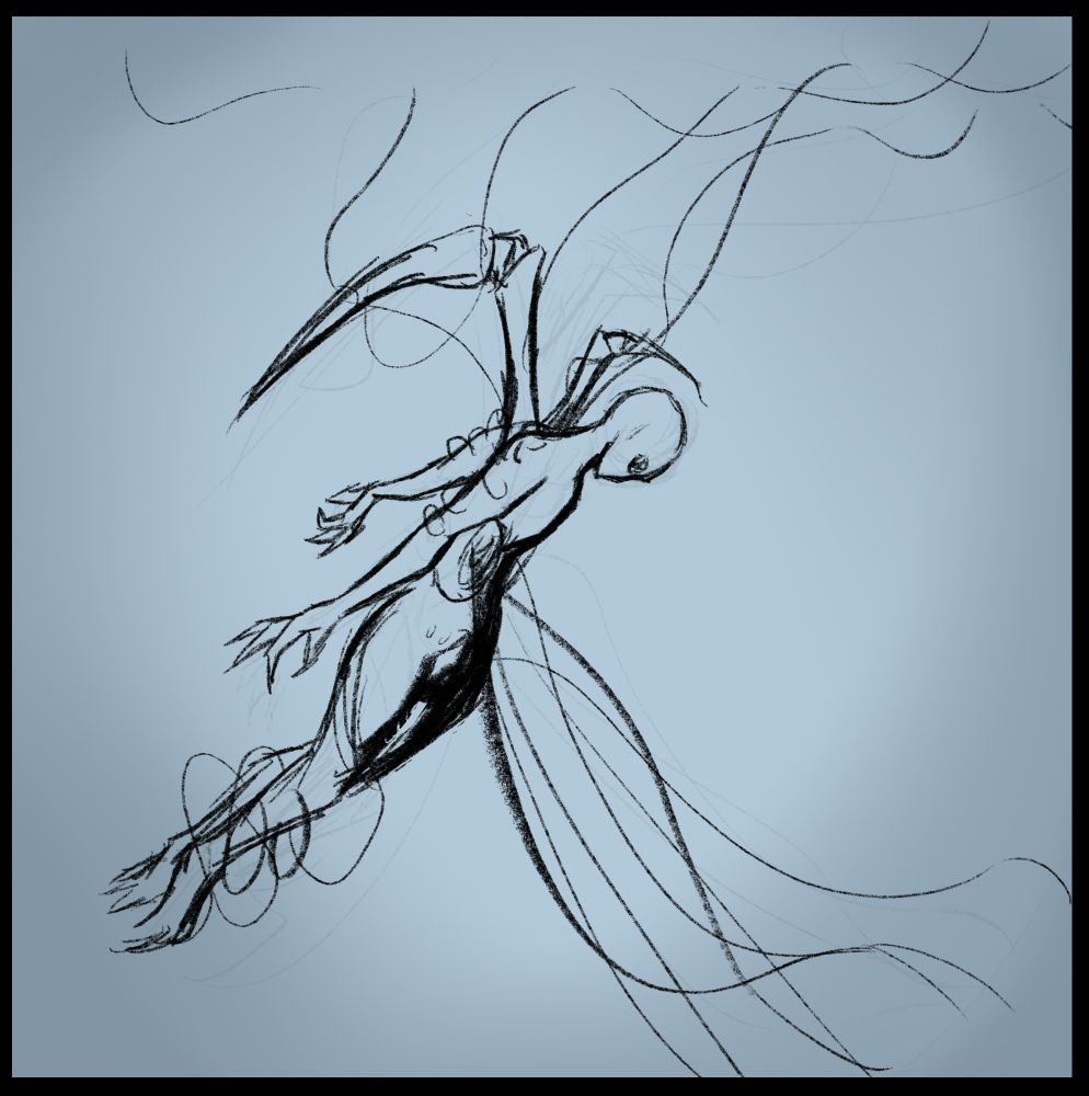 what appears to be a sketch of the same creature from the previous image, carrying itself along using it's tendrils to drag it on both the ceiling and floor