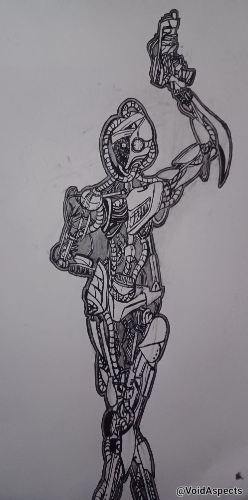 a pen and pencil illustration depicting an intricate skeletal robotic figure posed on a blank background, holding a gun above their head