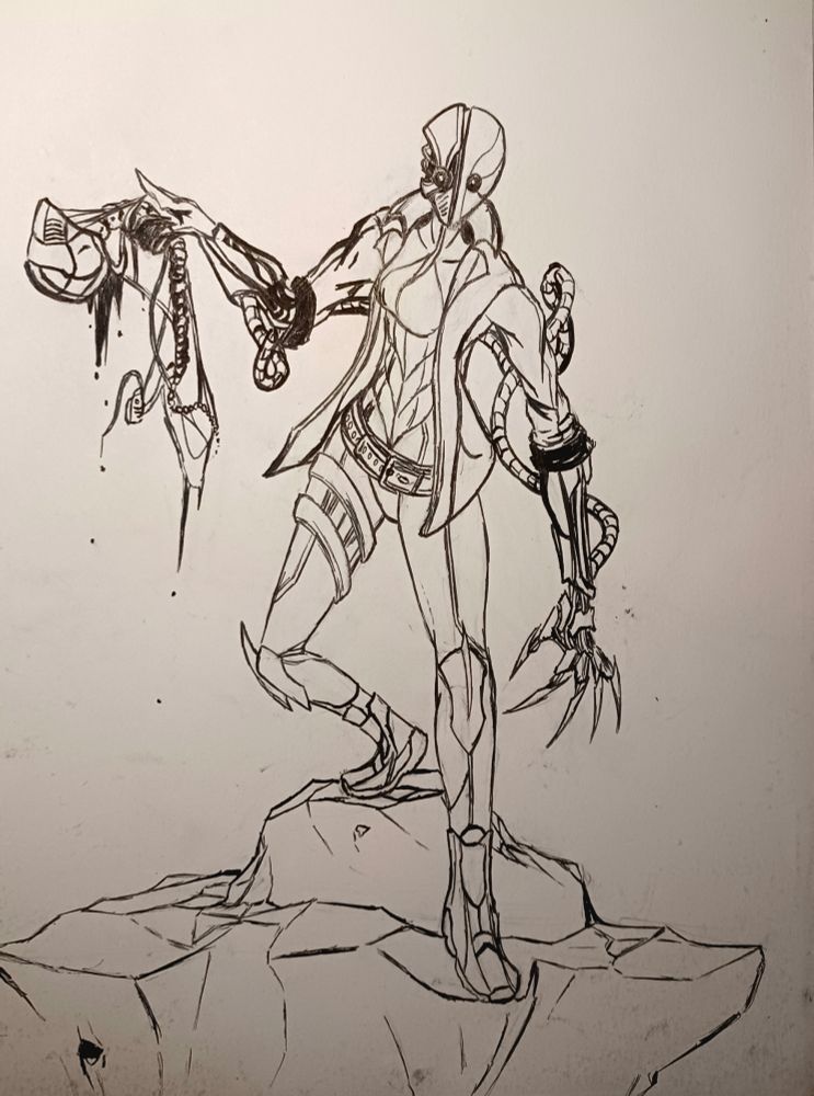 pen on paper illustration of a cyborg woman character standing dramatically while holding the head of another robotic character, with wires trailing down around the spine