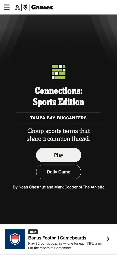 Landing page for Connections: Sports Edition Tampa Bay Buccaneers edition