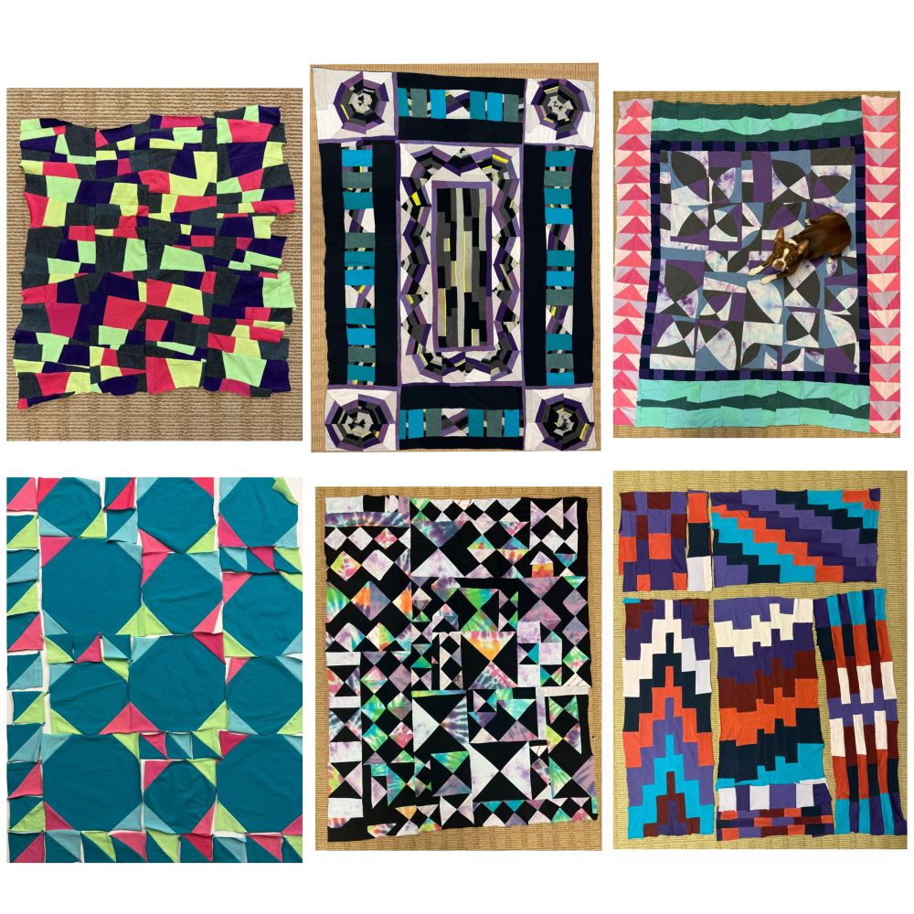 A picture collage of six improvisational quilts. The quilt blocks that are improved are (from L to R) Tumbler, Spiderweb, Orange Peel, Snowball, Hourglass, and Bricks. These were all made used t-shirts mostly from my collection and supplemented with thrift store finds. 