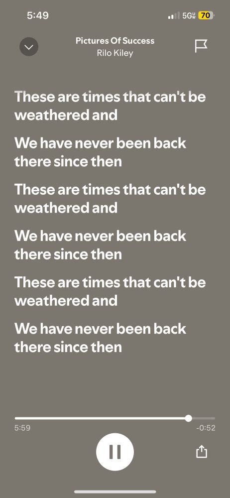 Screen shot of lyrics from the Rilo Kiley song Pictures of Success:

These are times that can't be weathered and
We have never been back there since then
These are times that can't be weathered and
We have never been back there since then
These are times that can't be weathered and
We have never been back there since then 