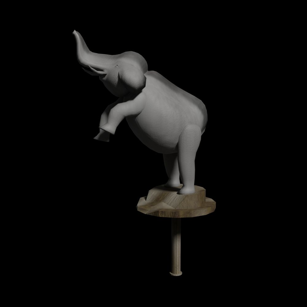 A scultpture of an elephant of a stone pedestial balanced on a column to be a sword. The elephant has a sharp edge running down it's back.