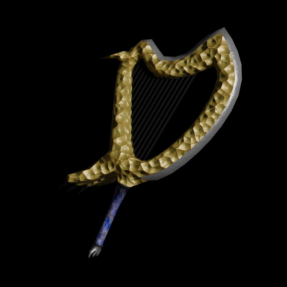 A harp with strings and an edge on the right side and top for the blade. The handle under the harp is blue and silver with a spikey pommel. The harp has small wings and claws on it's spine.