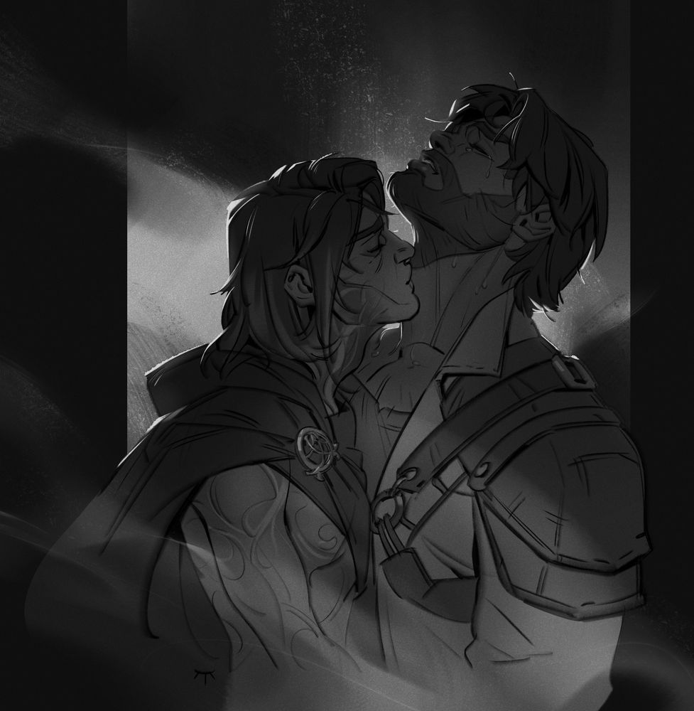 Fanart of Viktor and Jayce from Arcane. Jayce is dreaming of Viktor kissing him on the neck.