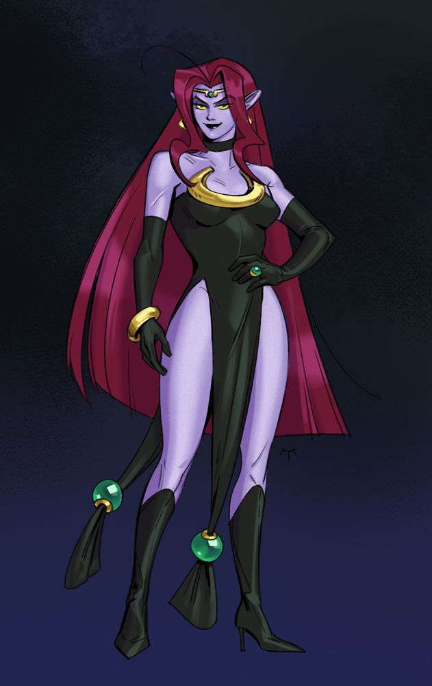 Shoujo-style villain lady with red hair and a black dress stands against a dark background.