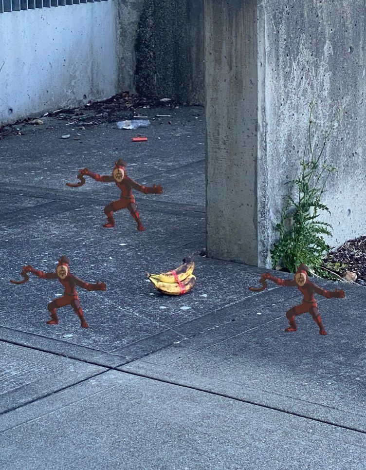 A picture of a bunch of bananas on a sidewalk, surrounded by poorly photoshopped Yiga Clan members from the video game Legend of Zelda: Breath of the Wild