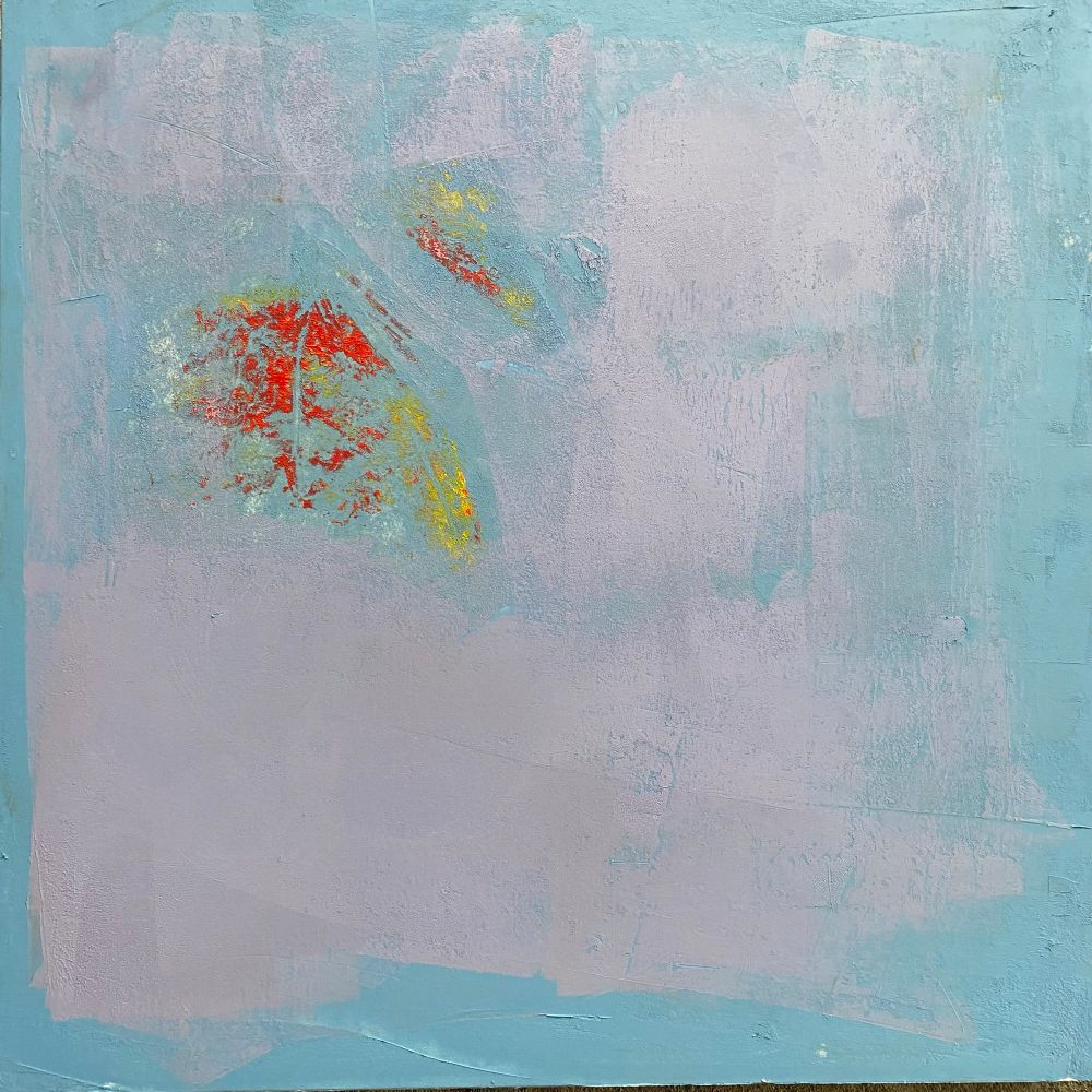 A turquoise and lilac abstract square painting, with a small area of mottled red and yellow marks at top left