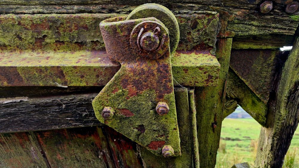 A mechanism for a sliding door on a collapsed farm building 