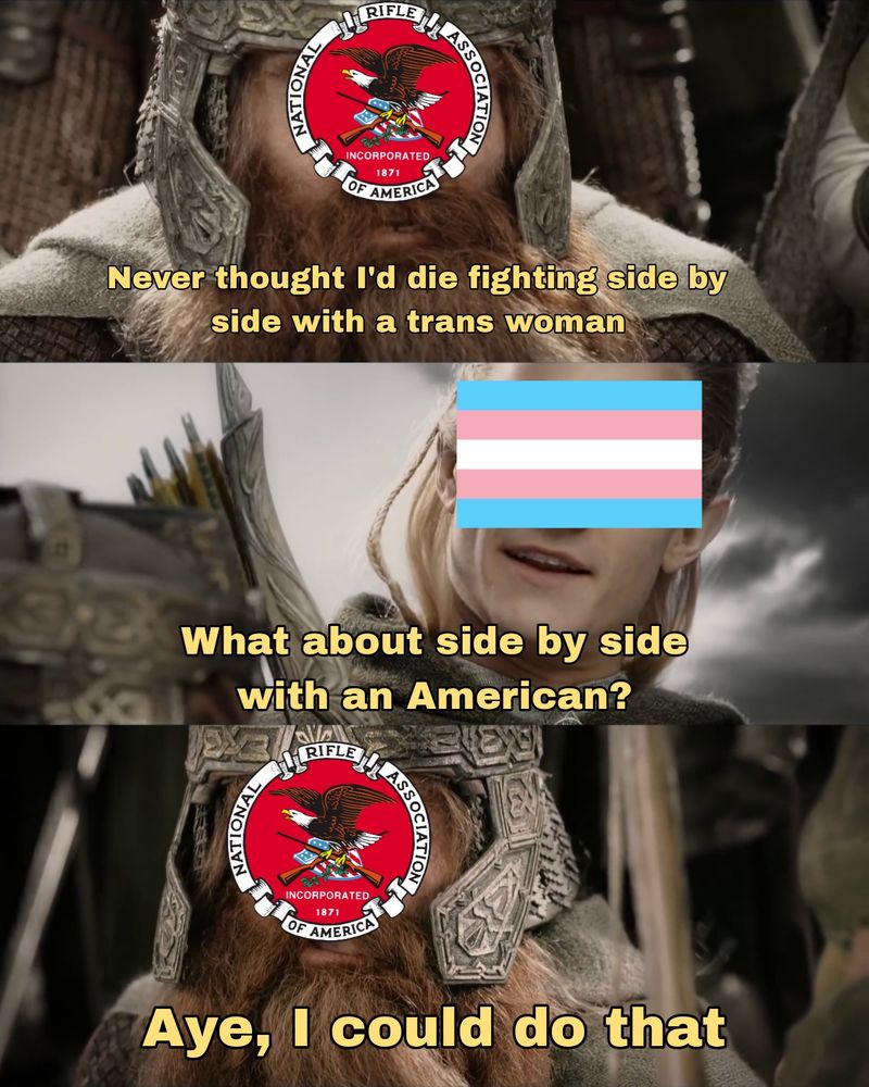The "Never thought I'd die fighting side by side with an elf" meme, but with Gimli as the NRA and Legolas as a trans woman.  

Gimli Rifle Association says "Never thought I'd die fighting side by side with a trans woman"

Trans Pride Legolas says "What about side by side with an American?"

Gimli Rifle Association responds "Aye, I could do that"