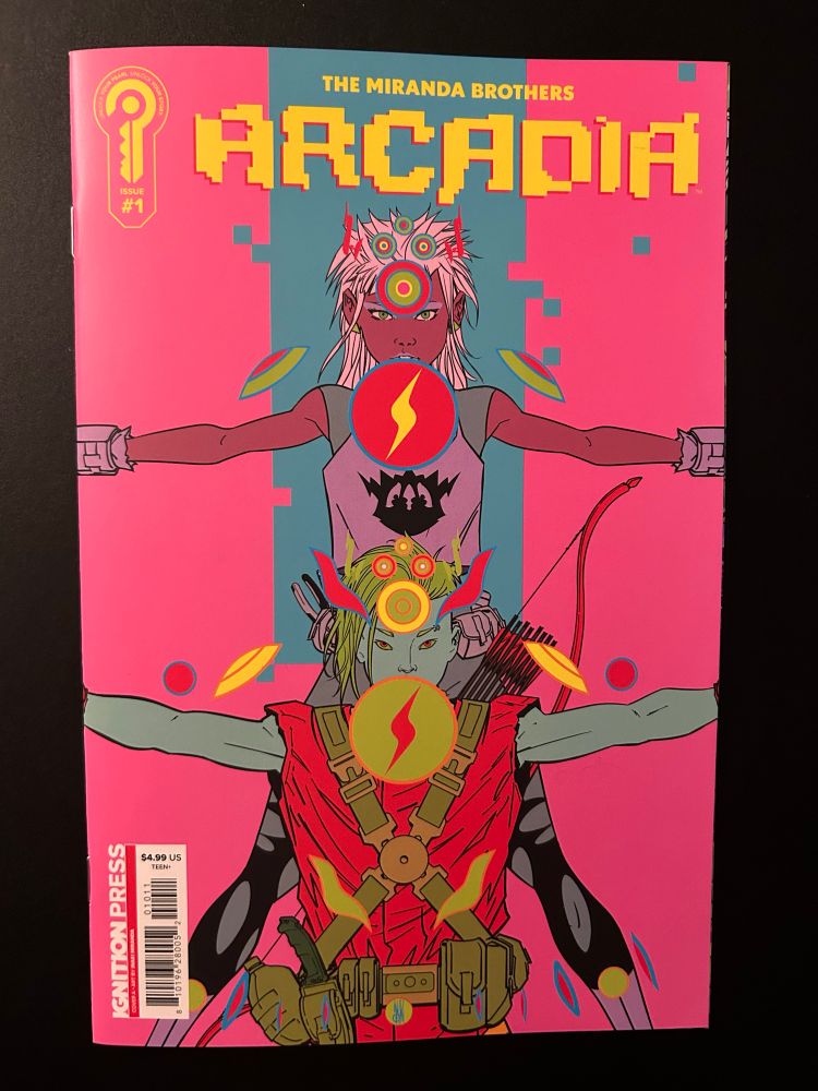 Arcadia by the Miranda Brothers, cover by Inaki Miranda. Very striking, character backlit by an unearthly pink, sometimes that’s all it takes to catch an eye. 