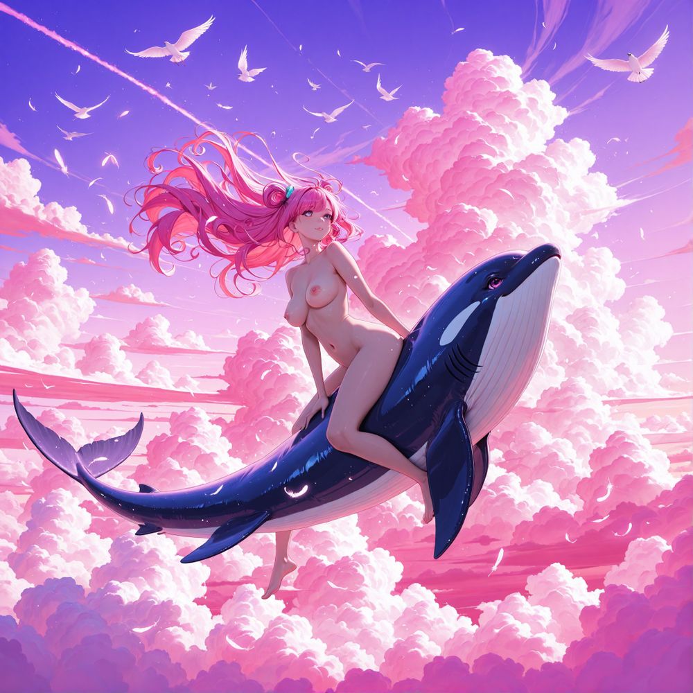 ultra-HD, best quality, 8k, close-up of nude woman lying in sky of swirling clouds, nipples barely visible under thin mist, her long hair transforming into streams of colored light that weave into flying birds, pink and turquoise sky filled with glowing feathers, clouds shaped like whales drifting behind, vibrant LSD dream of nature and air