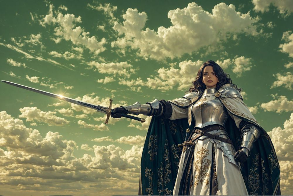 ultra-HD, photorealistic, best quality, 8k, 1girl, dark-haired female knight with short wavy hair, medium skin tone, wearing white and silver armor with gold embroidery, long dark cape flowing behind, holding a longsword extended forward, confident expression, low-angle view under dramatic green sky, swirling clouds, heroic fantasy atmosphere, cinematic lighting, high detail, epic composition, very aesthetic