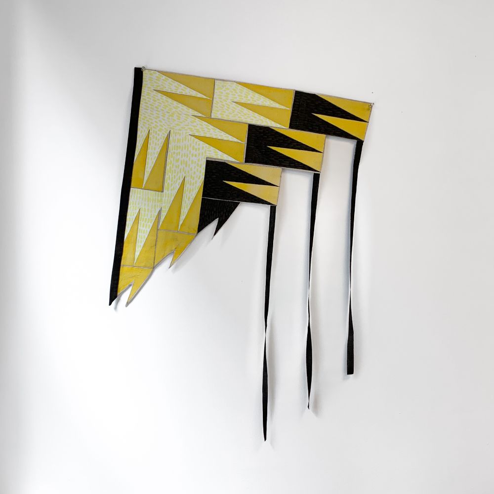 Cadence Giersbach, Goldfinch Kite, 2024, 24 x 24 plus tails, Acrylic on sewn canvas