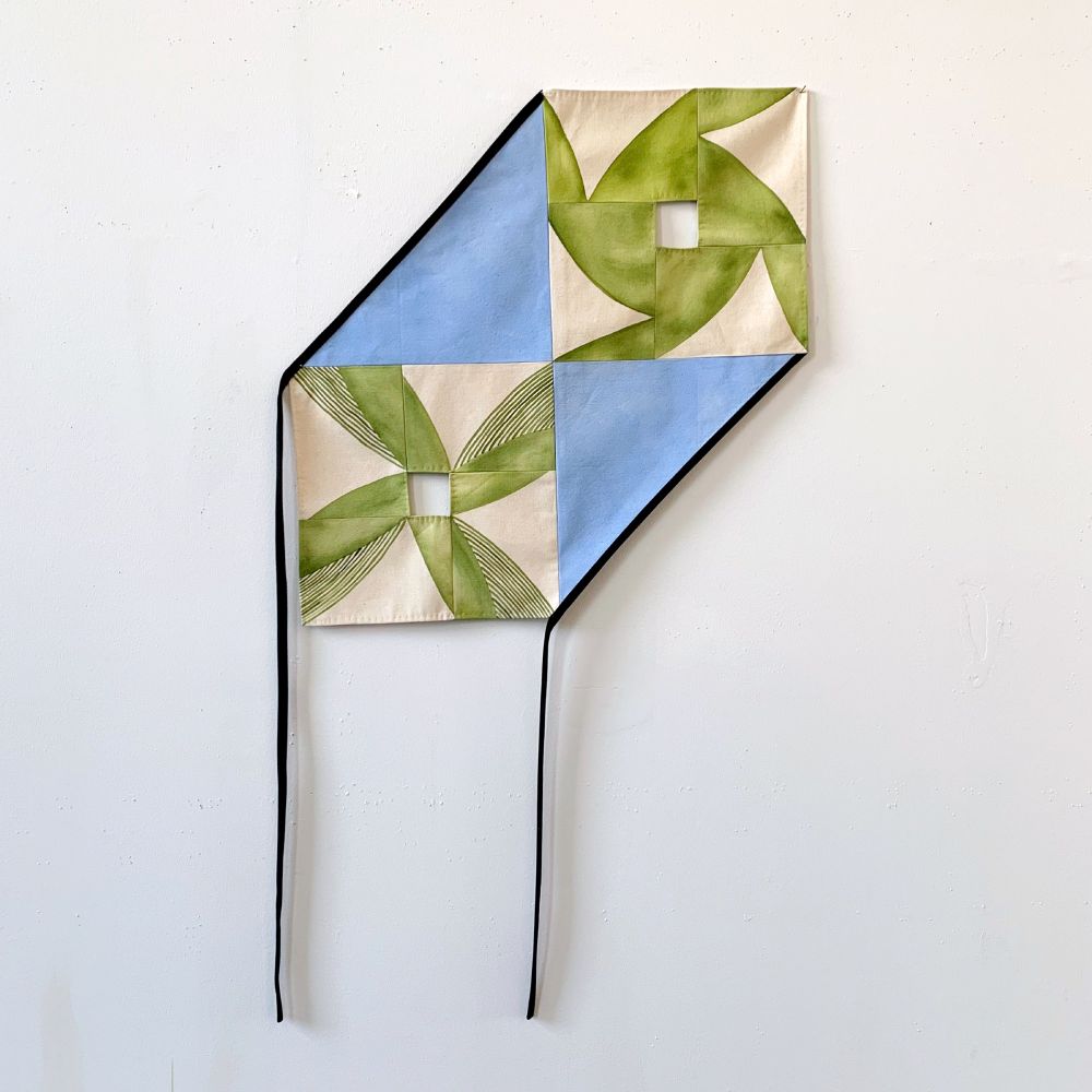 Cadence Giersbach, Box Kite, 2024, 24 x 24 inches plus tails, Acrylic on sewn canvas