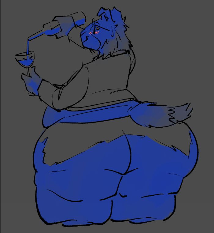 a fat, bottom heavy anthro guinea pig/border collie hybrid. They are almost entirely blue and have a massive ass and legs. They are oblivious from a combination of not seeing it and being drunk, they are pouring another glass of wine