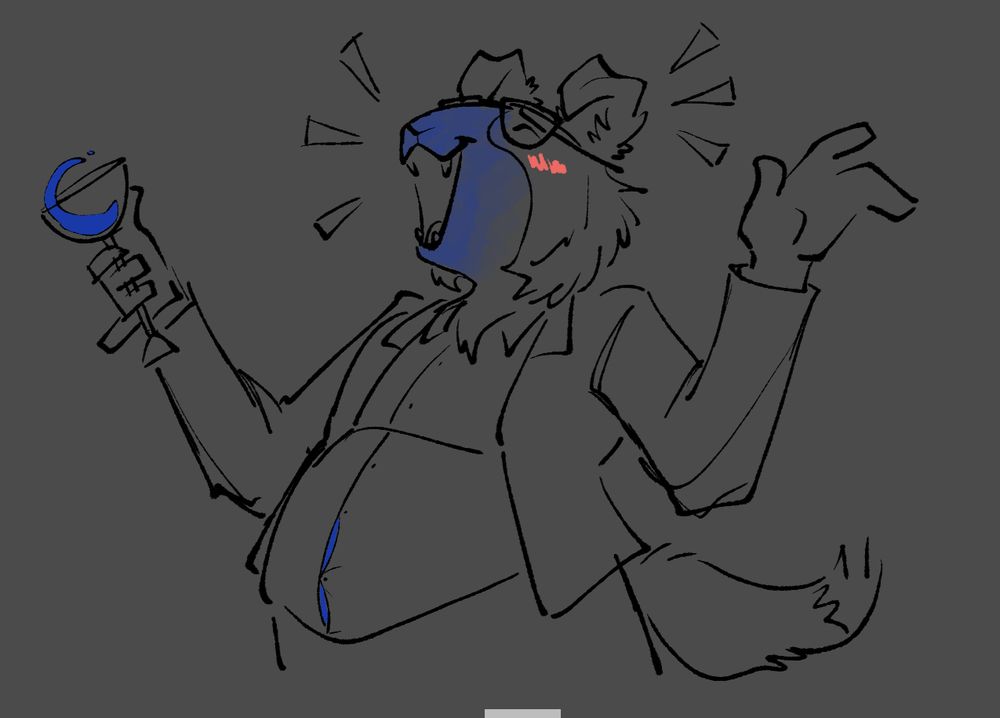 a chubby anthro guinea pig/border collie hybrid, laughing and sipping on a blue wine. their face is starting to become blue and their button up is starting to become tight and show their blue stomach through the buttons