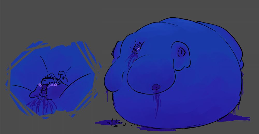 An orbular blueberry anthro guinea pig/border collie hybrid. They are entirely spherical and blueish purple. The left half of the image is a closeup of their sunken in face, blushing and leaking blueberry wine from their mouth. They seem ecstatic with their head in the clouds. The second half of the image is their body, entirely spherical, and leaking blueberry wine from their nipples, mouth, and genitals. Their limbs are sunken into their body with some remnants of fat left over, leaving a slight sag to their form