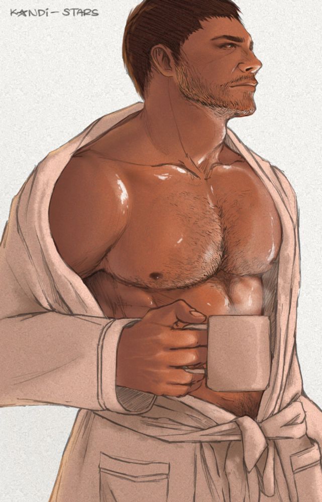 A wet Chris Redfield wearing a bath robe with his guns all out while holding a hot cup of joe, colored

