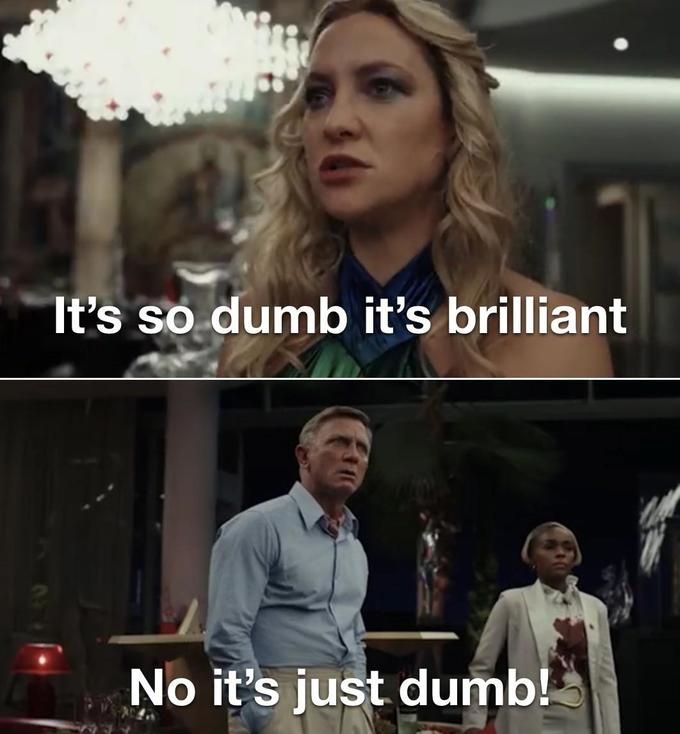 Screen grab of The Glass Onion. Actress states "it is so dumb it's brilliant" and Actor responds "no it's just dumb" much like this non-joke. 