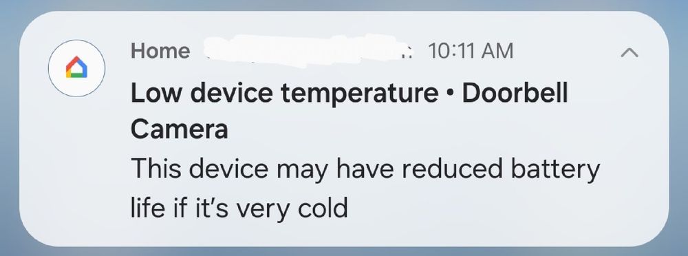 A Google doorbell notification message that reads "low device temperature, this device may have reduced battery life if the temperature is very cold"