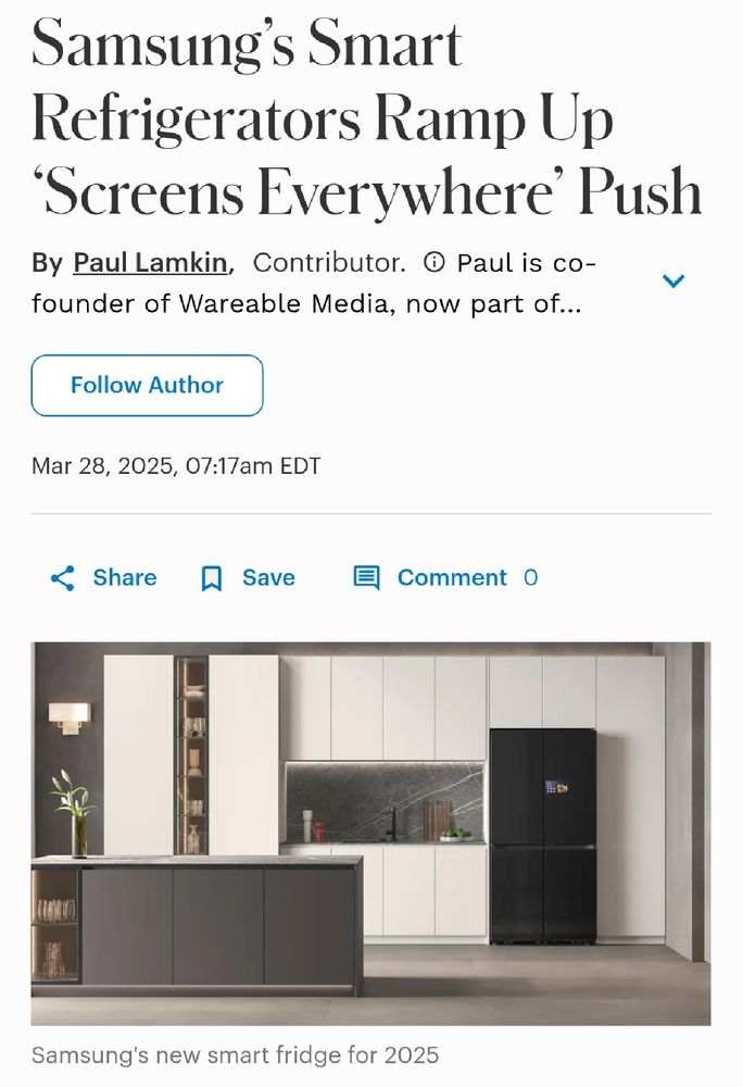 Screenshot of a Forbes article with the headline 
"Samsung's smart refrigerators ramp up screens everywhere push"